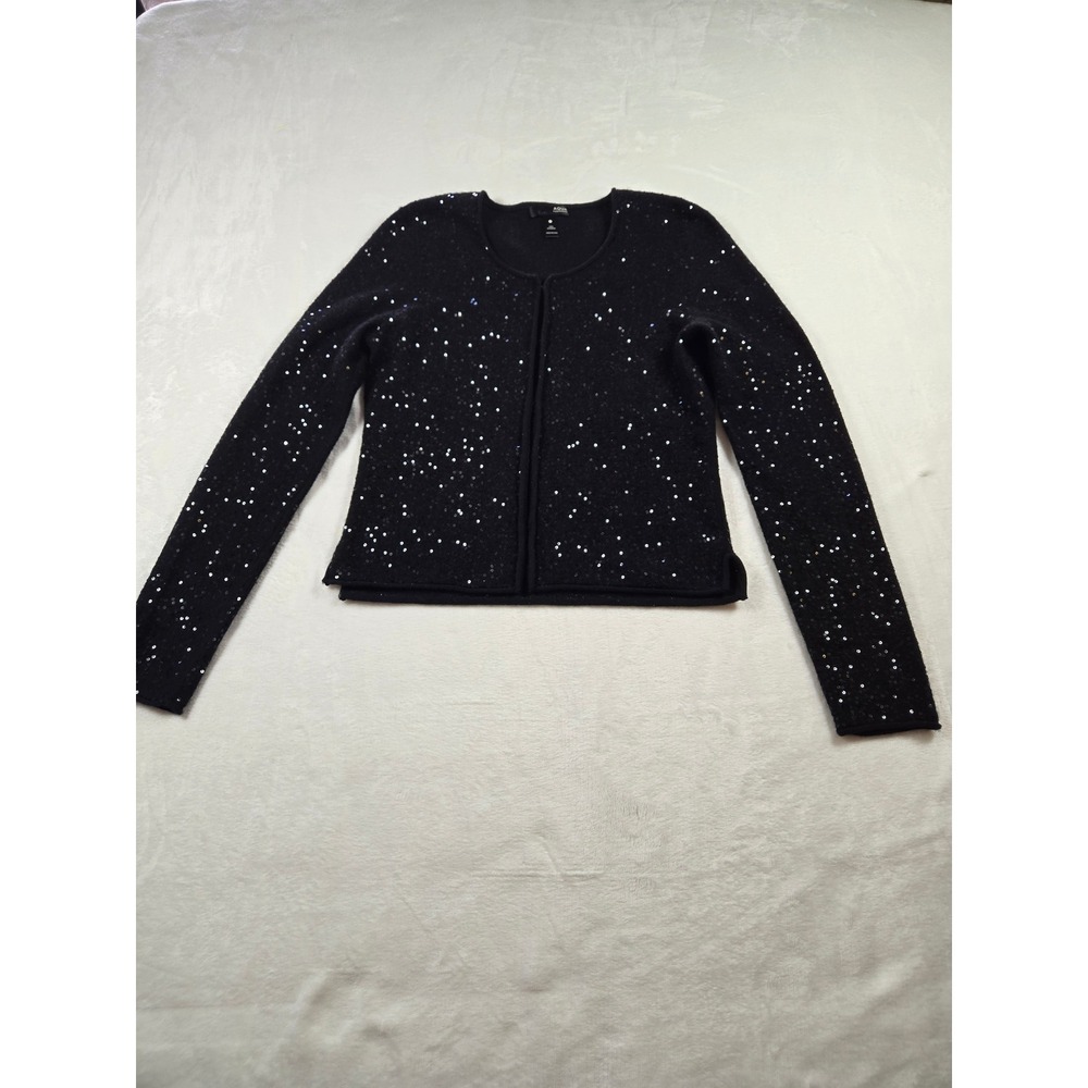 AQUA Cashmere Black Sequin Open Front Cardigan‎ Sweater Womens Small Luxury Knit